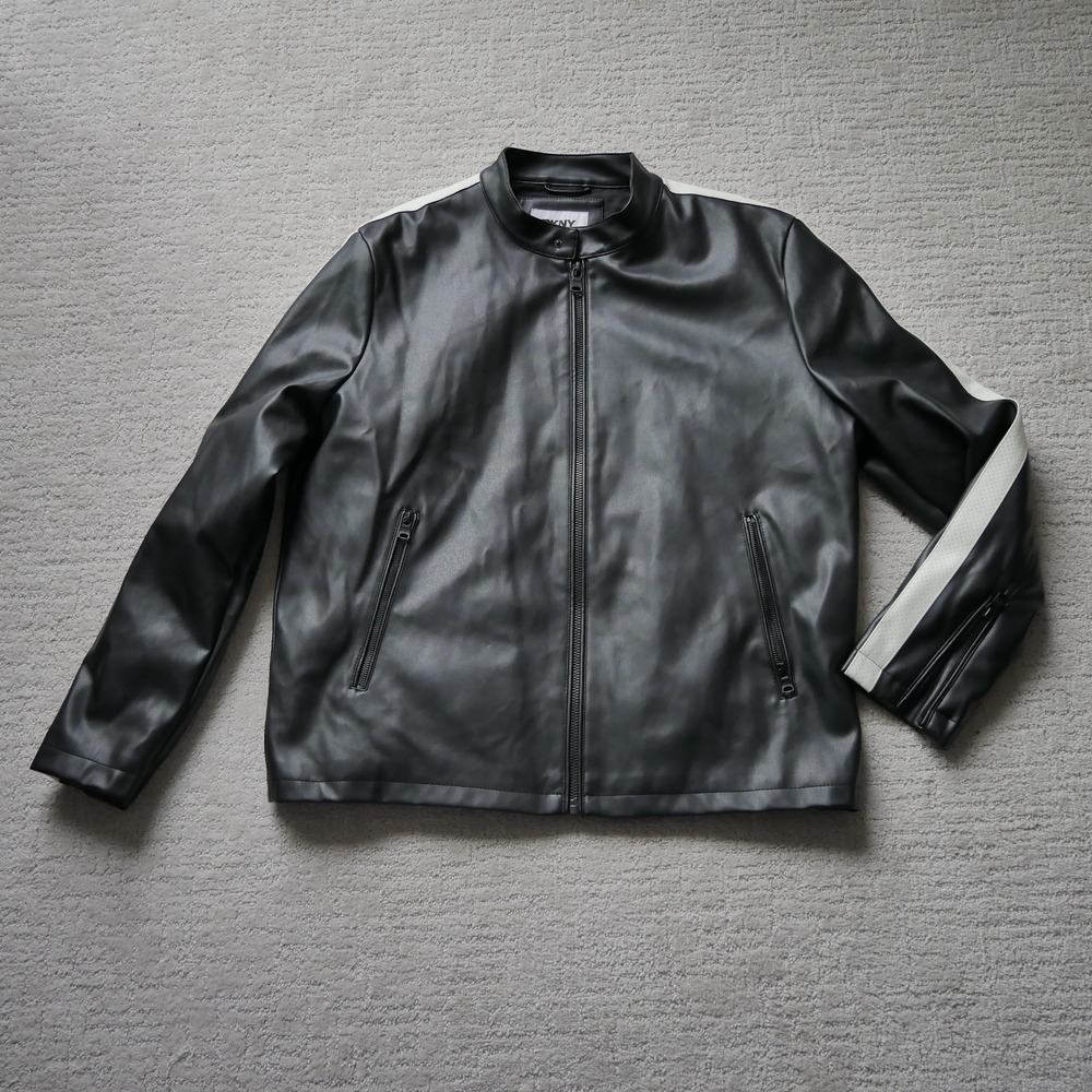 DKNY Mens Faux Leather Moto Jacket Black White Stripe Quilted Lining XXL